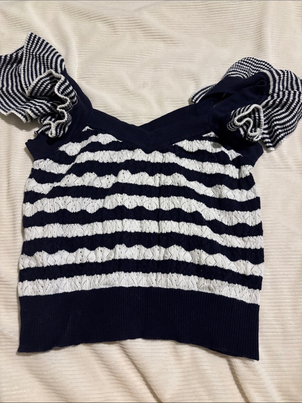 Striped Navy and White Knit Sleeve Detail Top